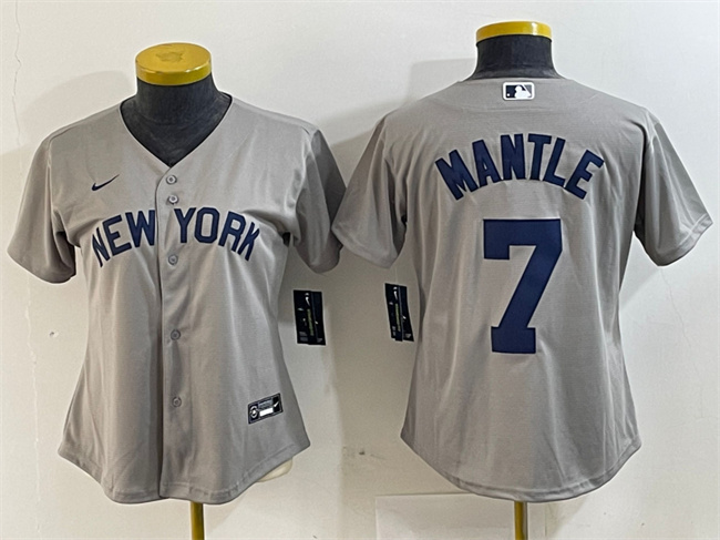 Women's New York Yankees #7 Mickey Mantle Grey Cool Base Stitched Jersey(Run Small)